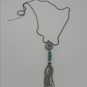 Women’s faux turquoise pendant w/ tassel silvertone necklace 21”